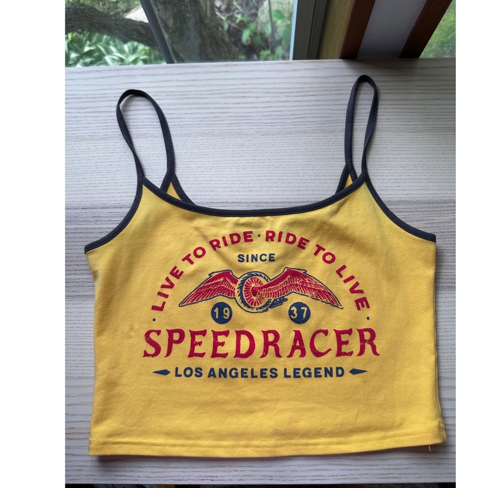 Forever 21 Graphic Crop Top Womens Yellow Biker Cami Small Grunge Edgy Festival